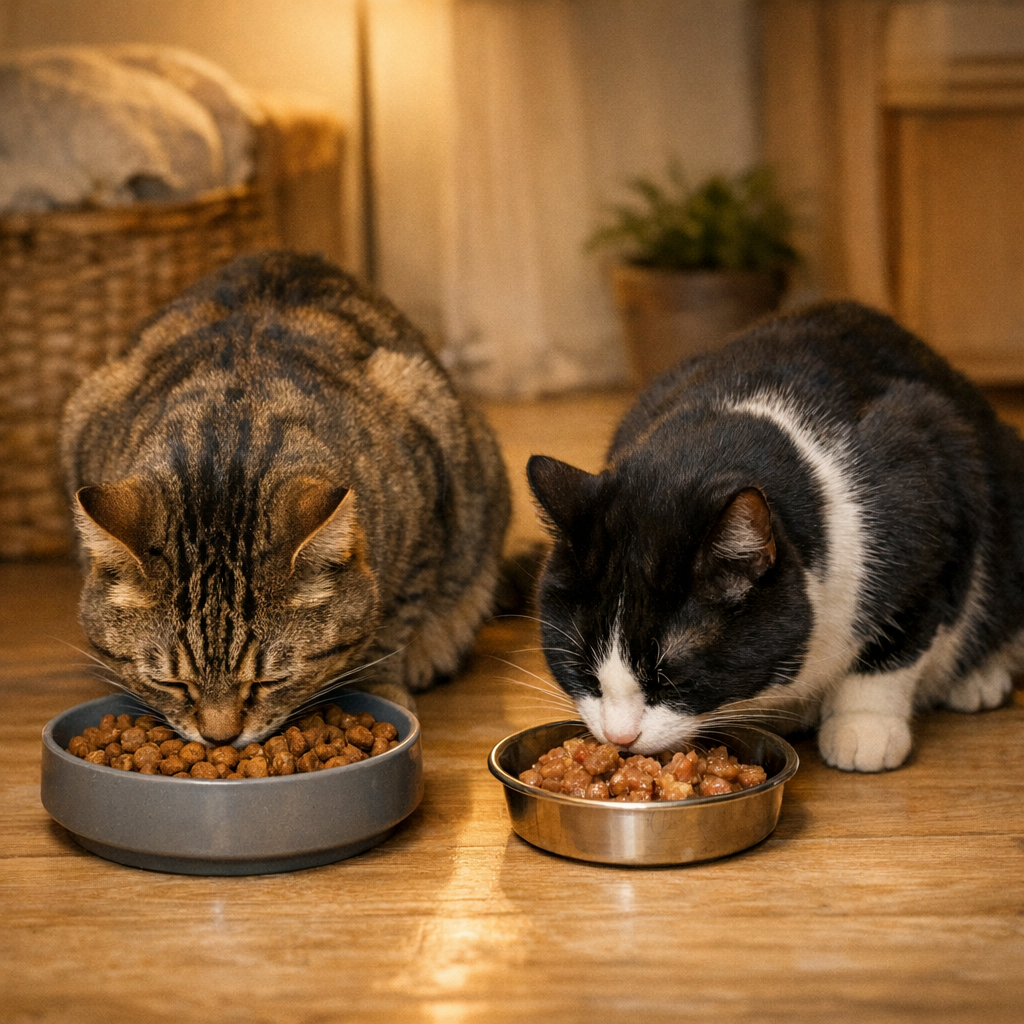 dos gatos esterilizados comiendo juntos